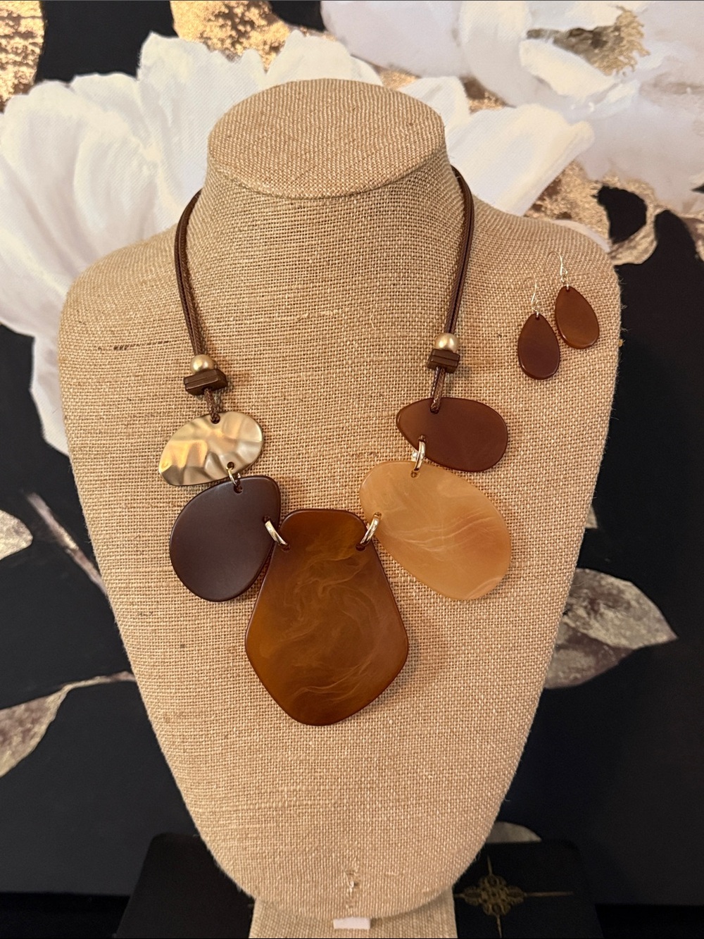 Statement Brown and Amber Resin Pendant Necklace with Matching Earrings